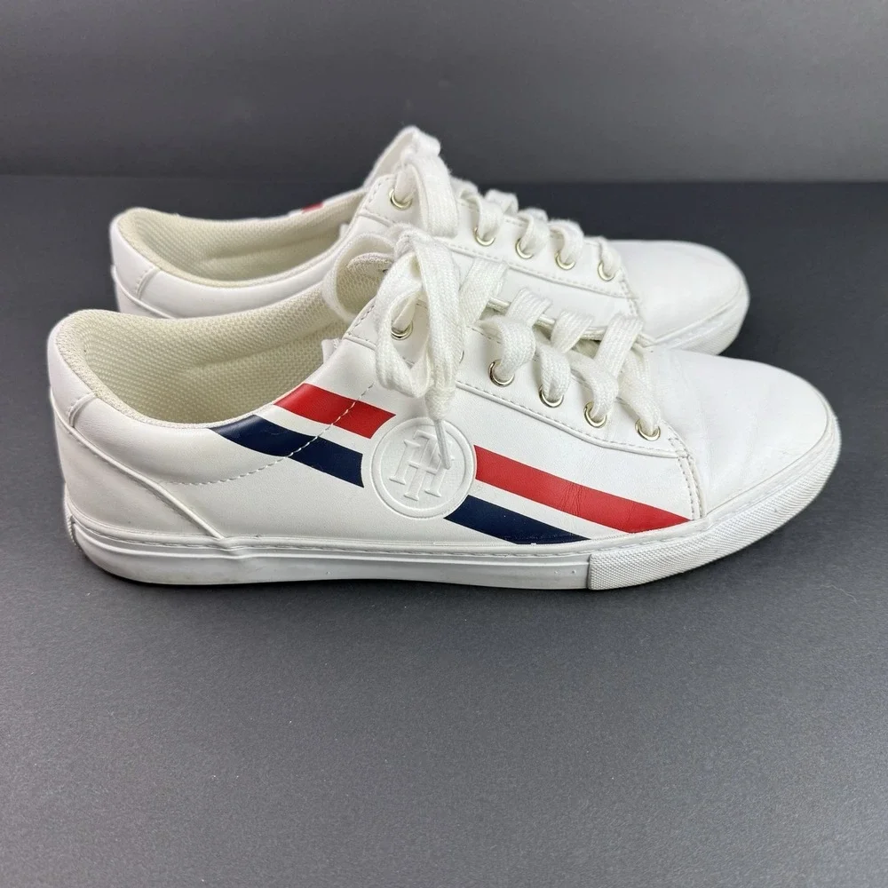 Tommy Hilfiger Lindee Logo Sneakers White Red Blue‎ Logo Stripe Women's Size 9.5